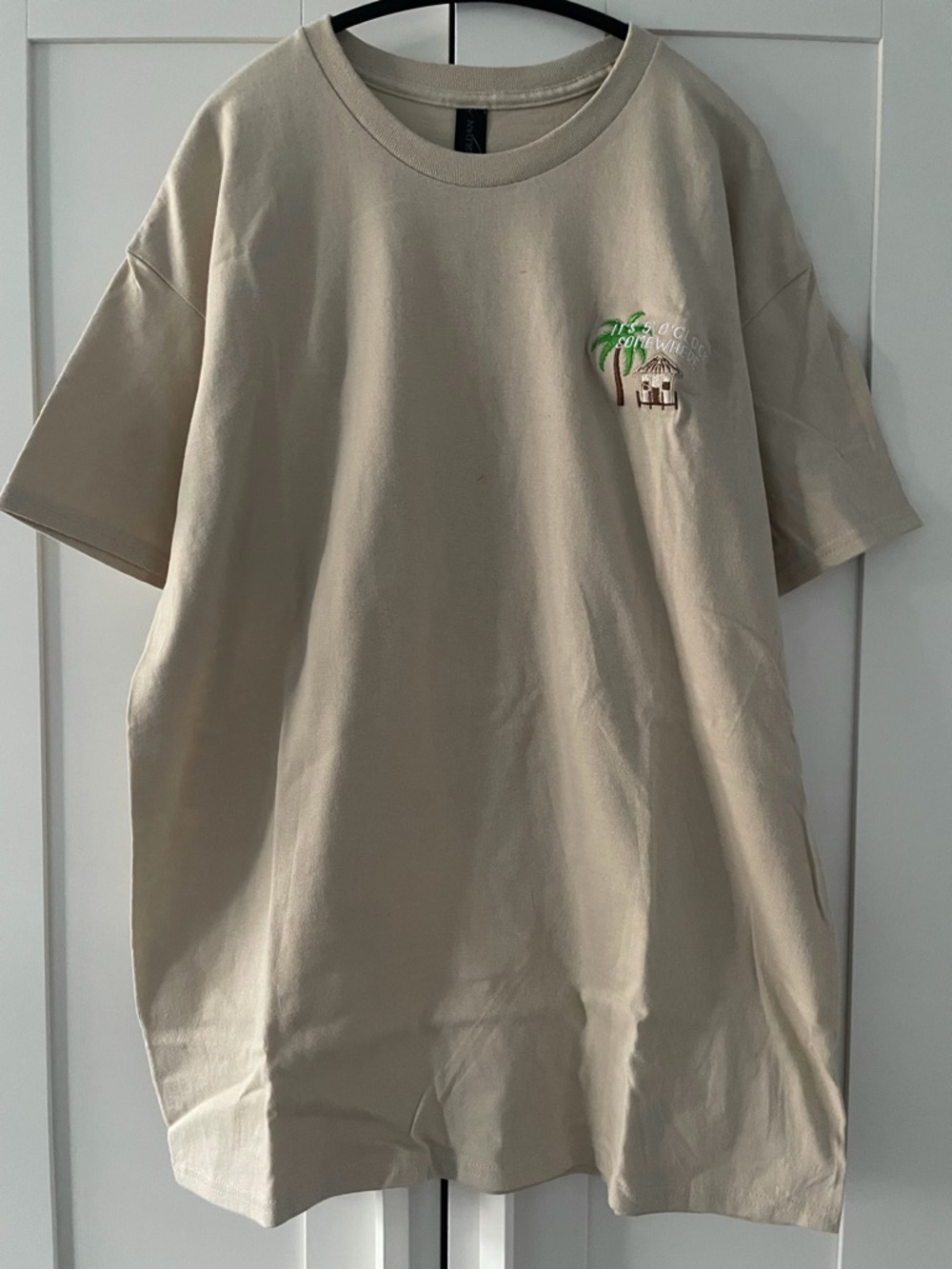NWT Unisex Beige Short Sleeve Crew Neck Cotton T-Shirt Palm Tree Design Size L